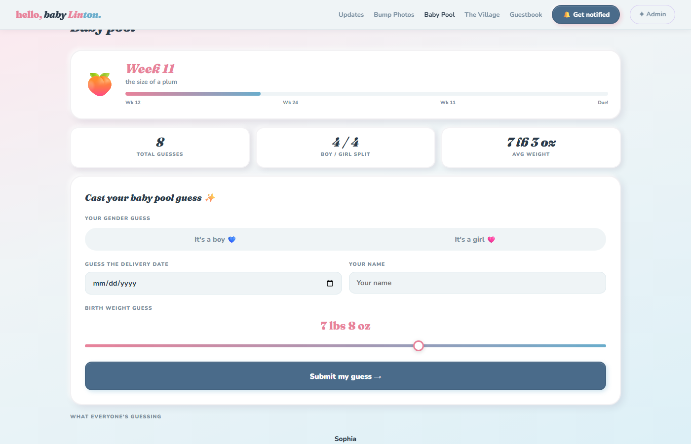 Baby pool with live stats and guess form