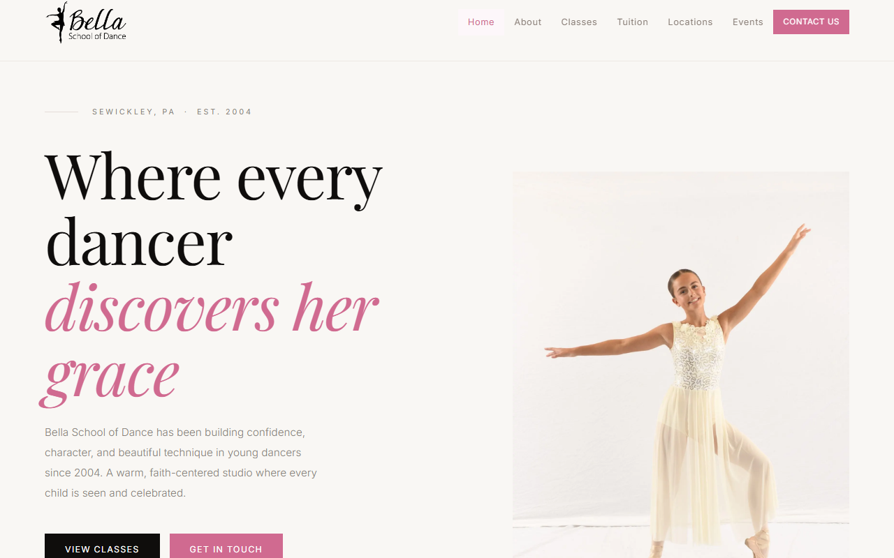 Bella School of Dance website, single-page site for a dance studio in Sewickley PA