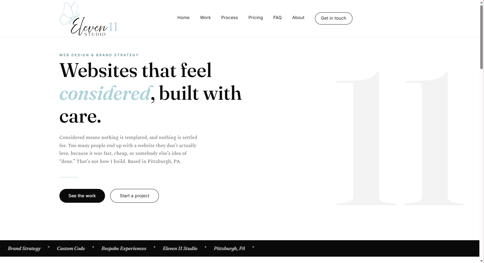 Eleven 11 Studio homepage, hero section