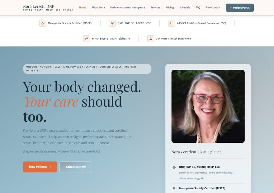 Nora Lersch, DNP homepage hero, women's health and menopause specialist site